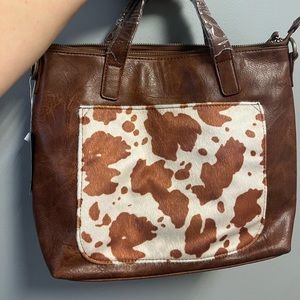 Joy Susan Faux Fur Pocket Convertible Tote brown cow print